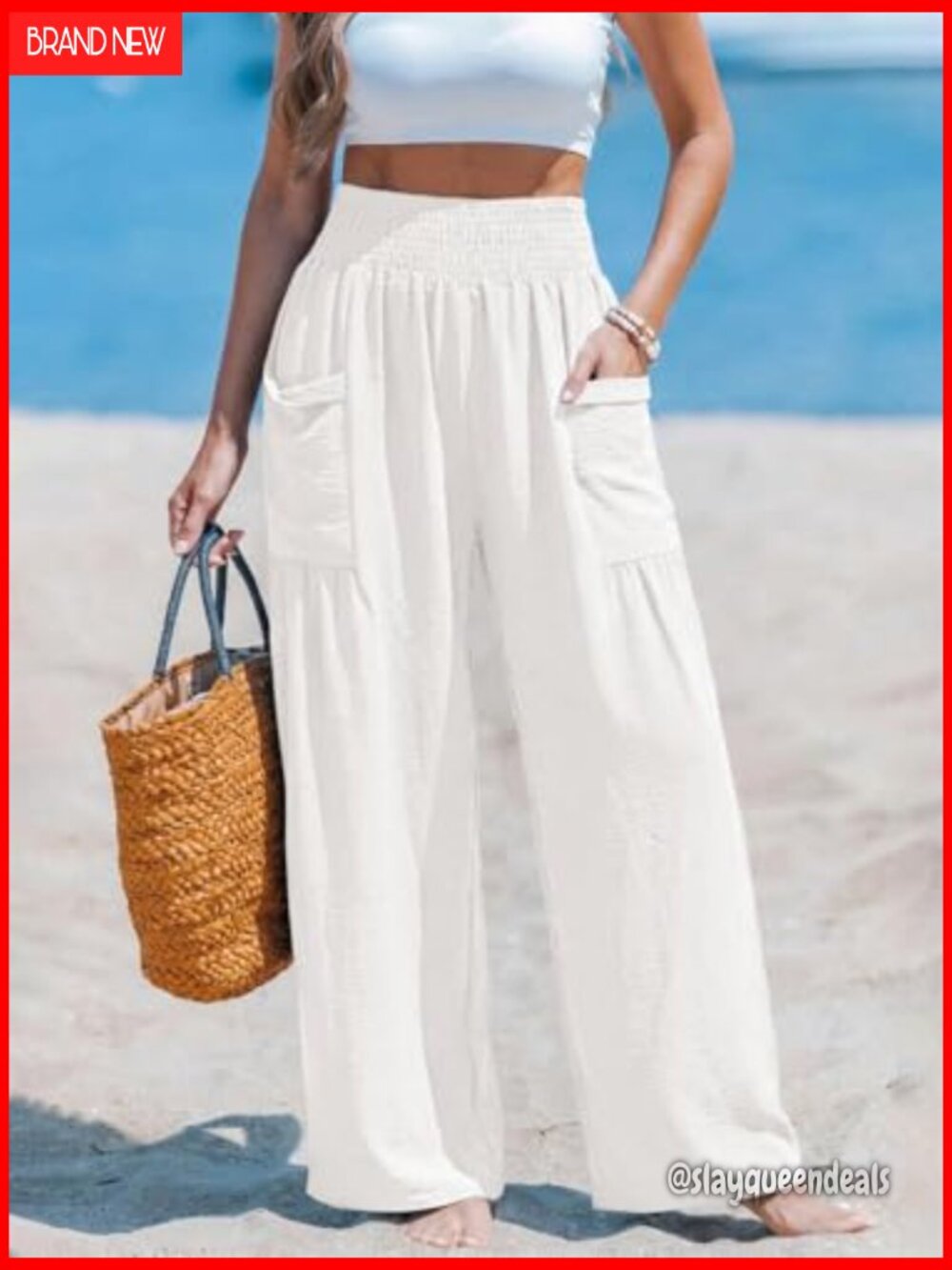 Wide Leg Palazzo Pants High Waisted Flowy Summer Beach Pants with Pockets - Picture 3 of 7